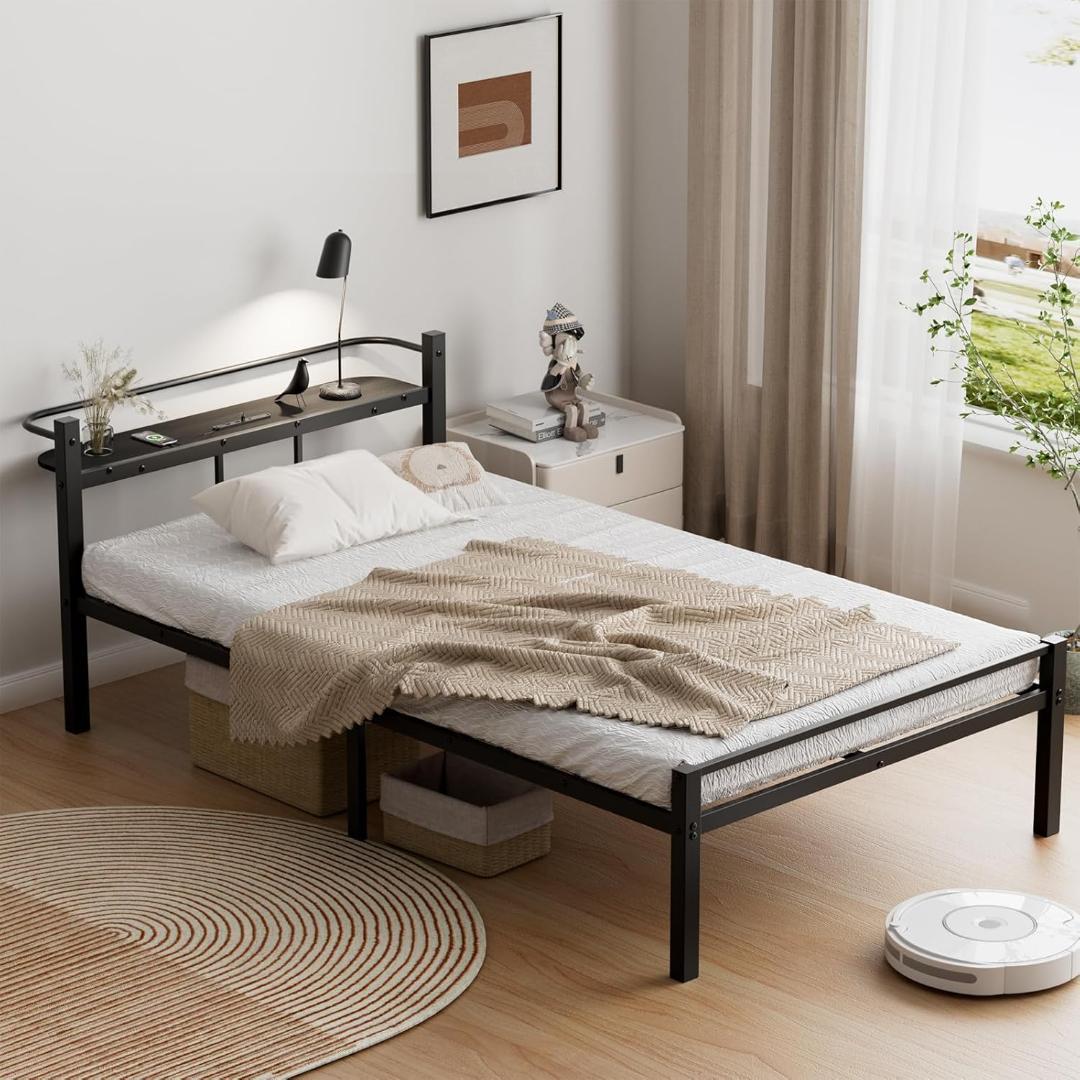 ベッドフレーム シングル ベッド 宮棚 2口コンセント　ブラック