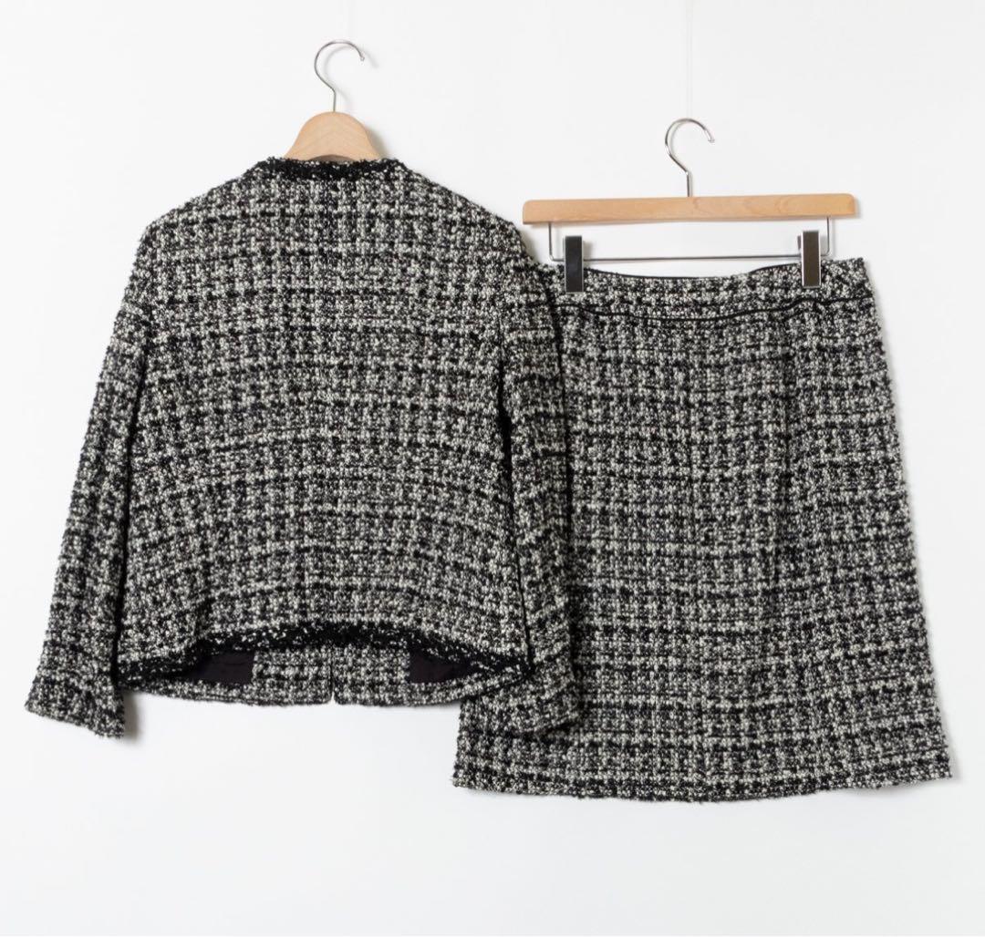 極美品【大きいサイズ42】自由区 ノーカラーツイードセットアップ スカートスーツ
