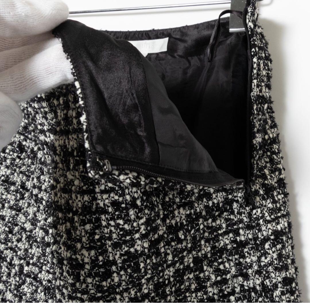 極美品【大きいサイズ42】自由区 ノーカラーツイードセットアップ スカートスーツ