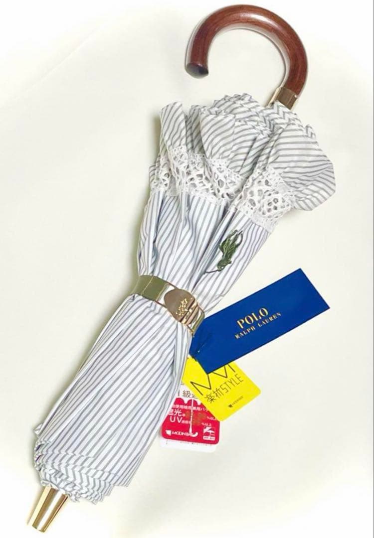 《新品》ラルフローレン　ストライプフリル折 りたたみ　遮光遮熱日傘晴雨兼用