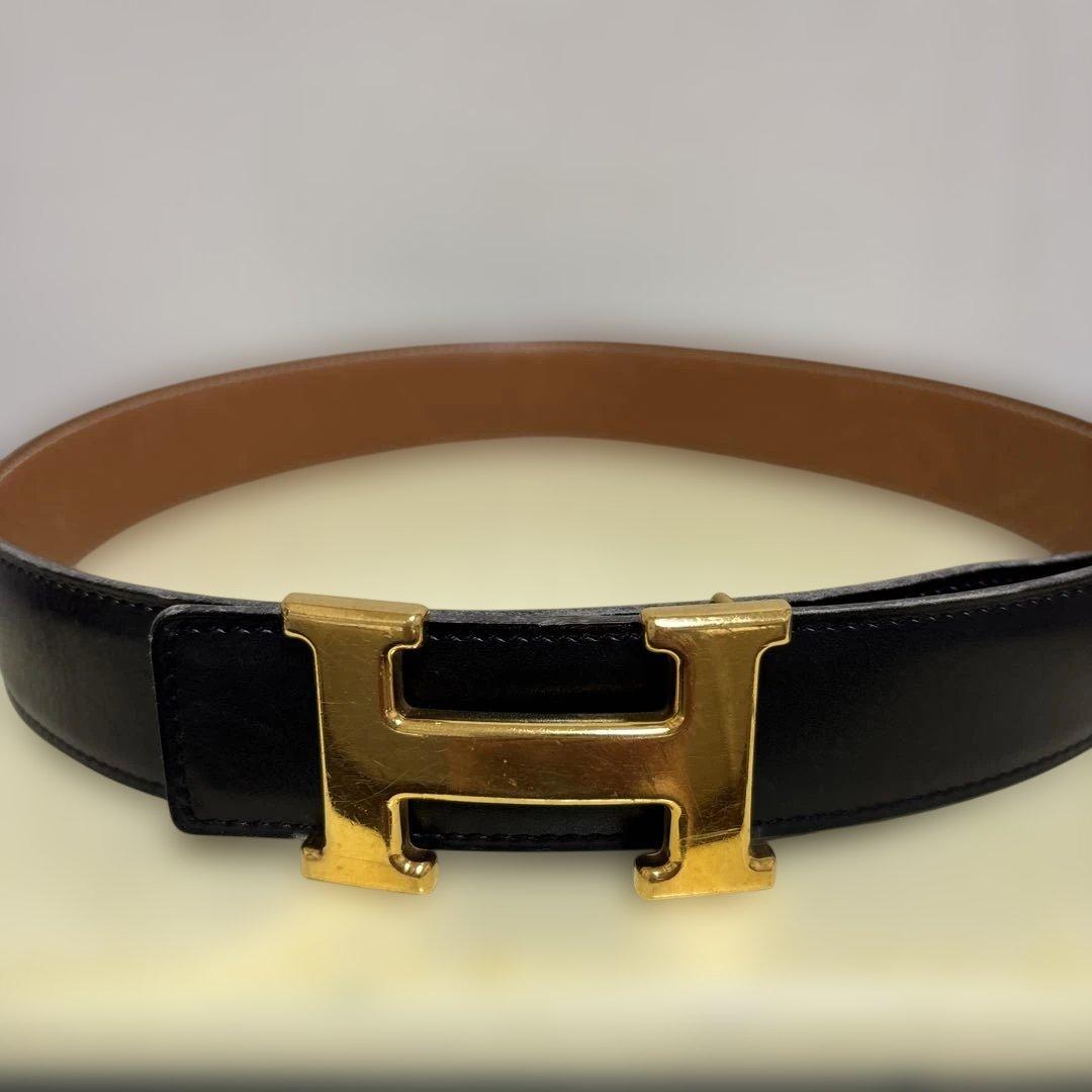 HERMES 黒レザーベルト H型バックル