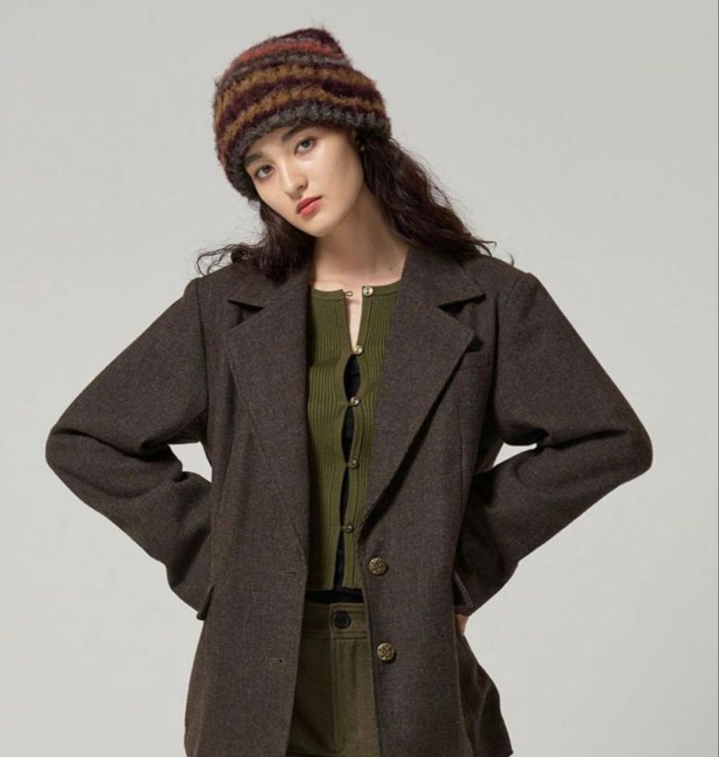 ウールミックス チェックジャケット TINA：JOJUN カーキ