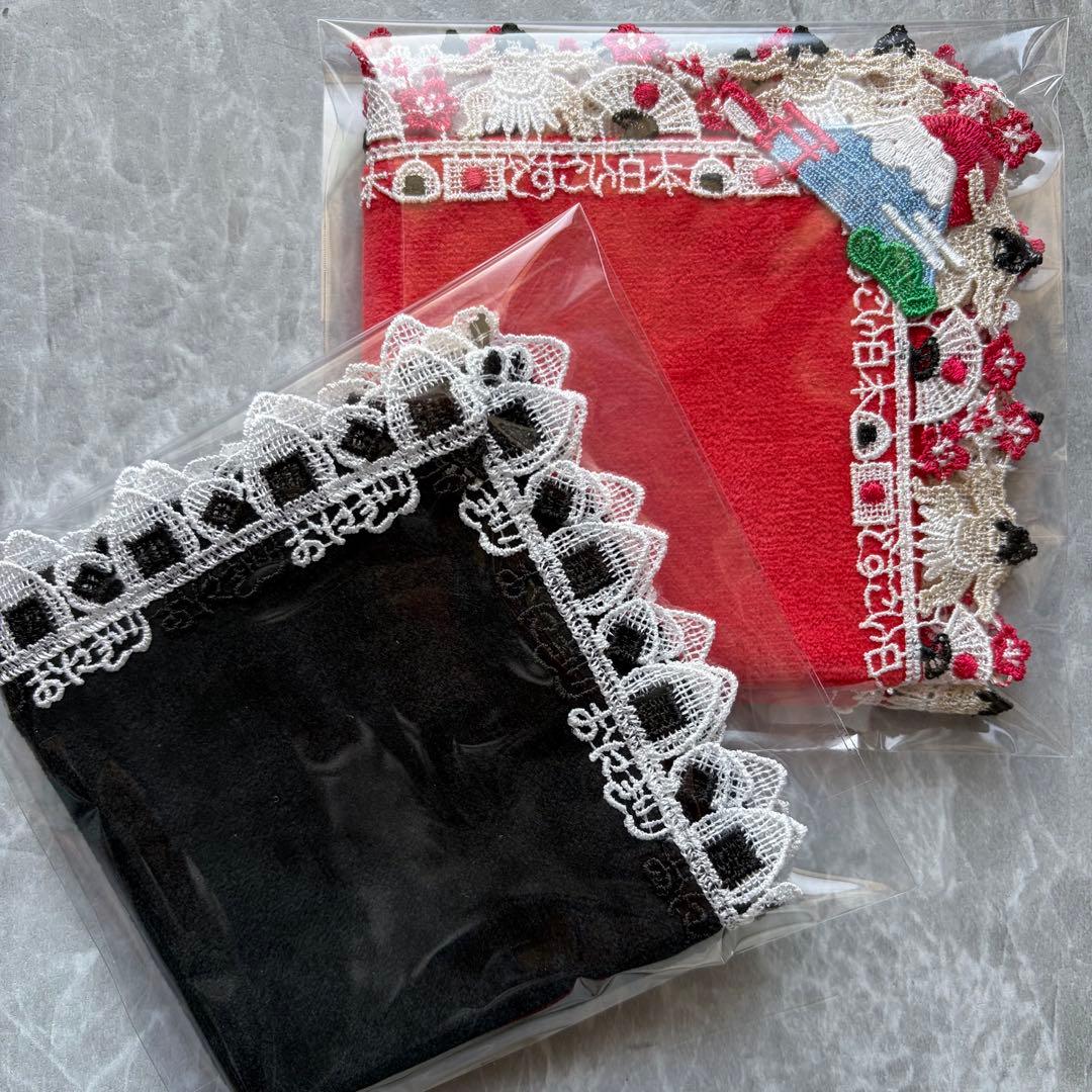 【新品】近沢レース　ハンカチ　どすこい日本レッド＆おにぎりブラック　2セット