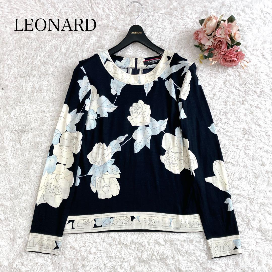 シルク混✨レオナール カットソー トップス トリム 花 伸縮性 ブラック 38