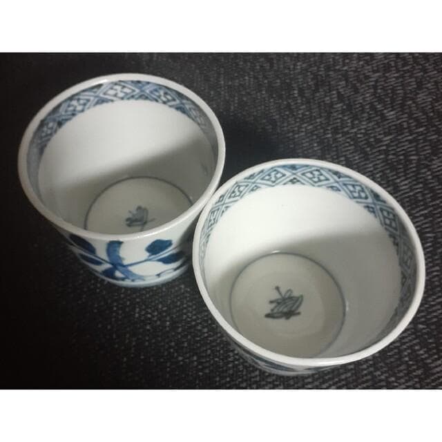 江戸時代中期～後期　古伊万里　染付　木と葉の図　そば猪口　ぐい呑酒杯酒器　2客