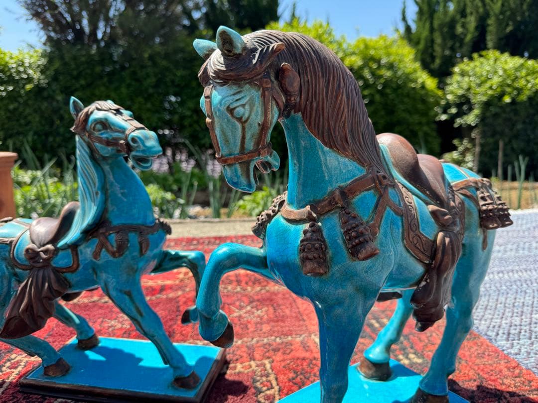 イタリア製 ターコイズブルー 陶器 馬 置物 ペア 地中海インテリア