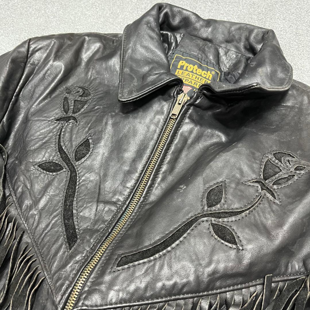 875 Protech製USA 薔薇×フリンジレザー 黒 コンチョ装飾 16