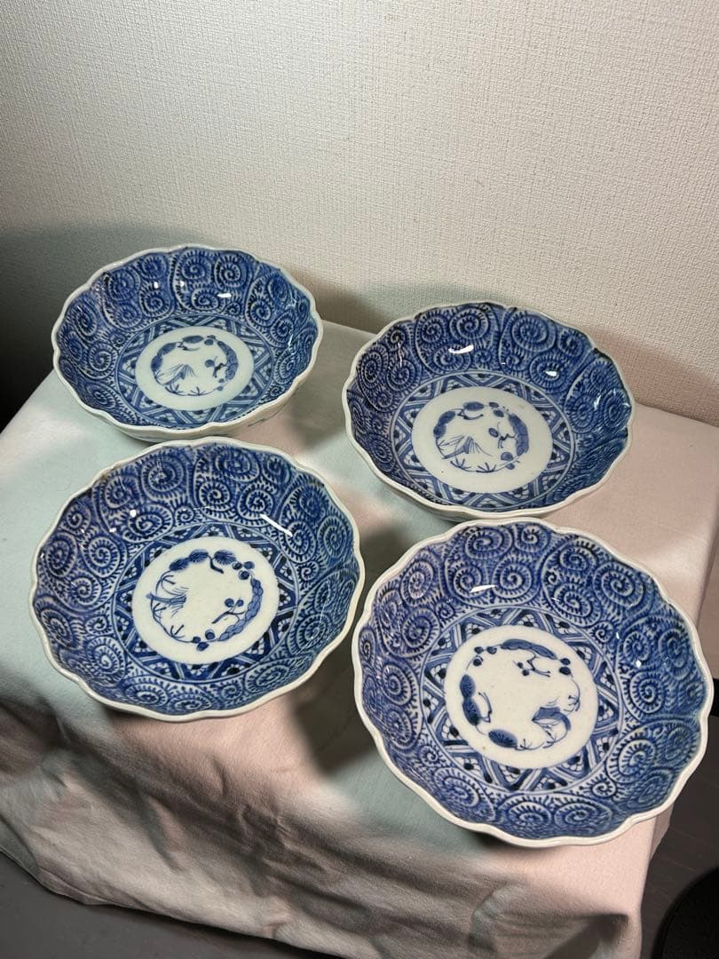 古伊万里染付　たこ唐草 膾皿　4枚 無傷 江戸時代後期(成化年製)