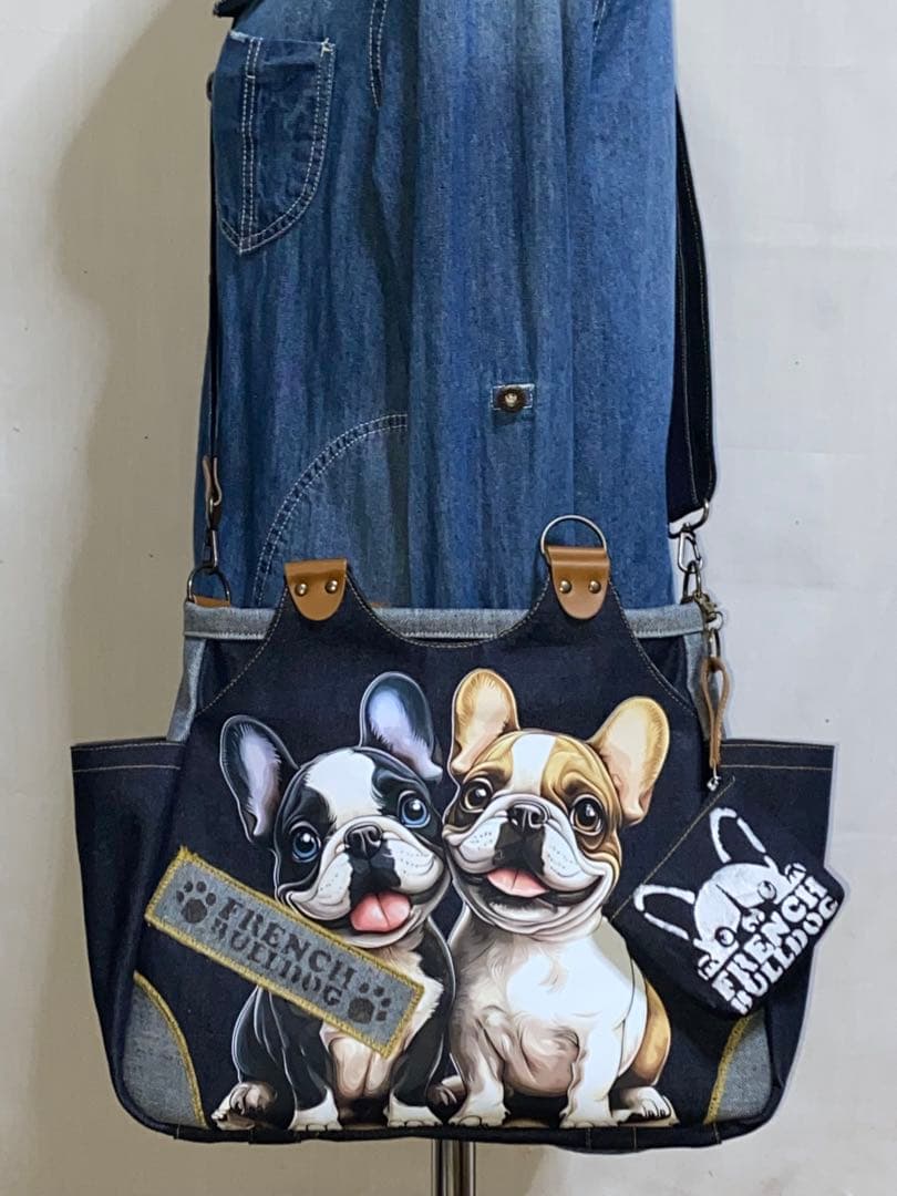 ☆岡山デニム☆ステンシル☆☆フレンチブルドッグ☆4wayあおりバッグ