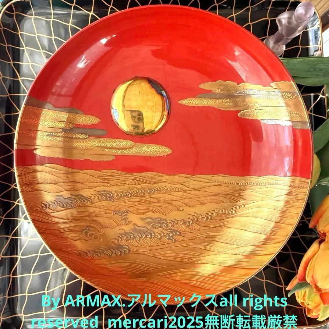 2147様感謝‼️愛蔵金銀波❌日の出❌松超絶高蒔絵大盃総欅塗木箱入黄布古布付1客