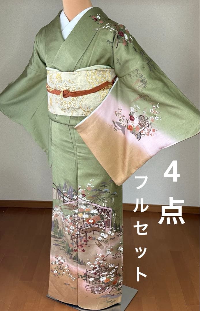 新春特別価格❗️3000円引き♦️4点フルセット　正絹訪問着　袋帯　帯揚げ　帯締め