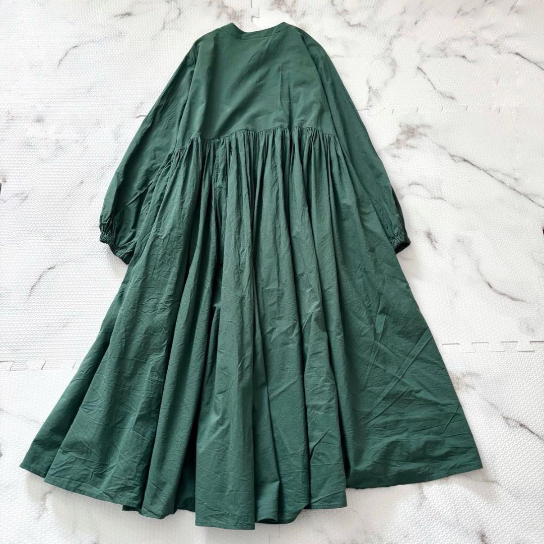 BEARDSLEY ビアズリー　ギャザーワンピース　ダークグリーン　洗える　長袖
