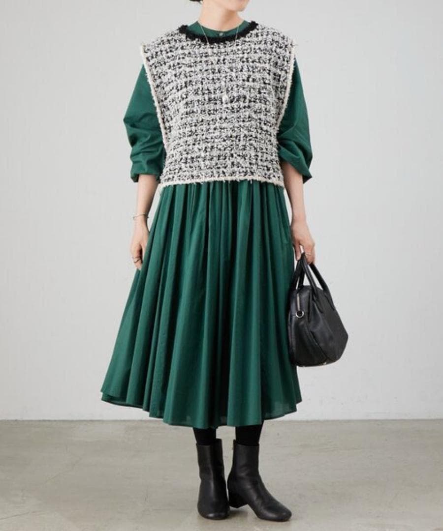 BEARDSLEY ビアズリー　ギャザーワンピース　ダークグリーン　洗える　長袖