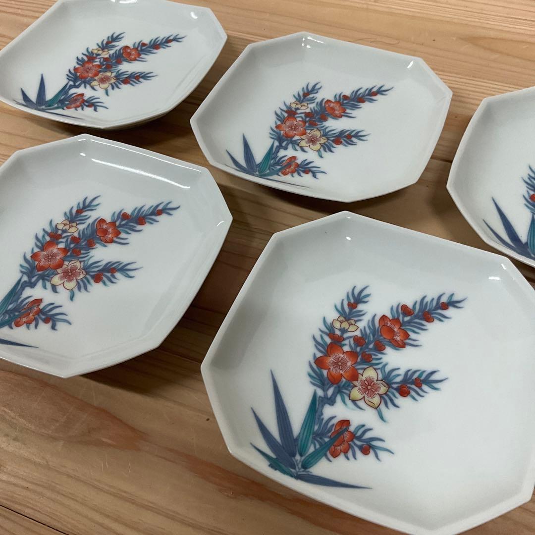 1４代今泉今右衛門　隅切染錦八角皿　5客揃え