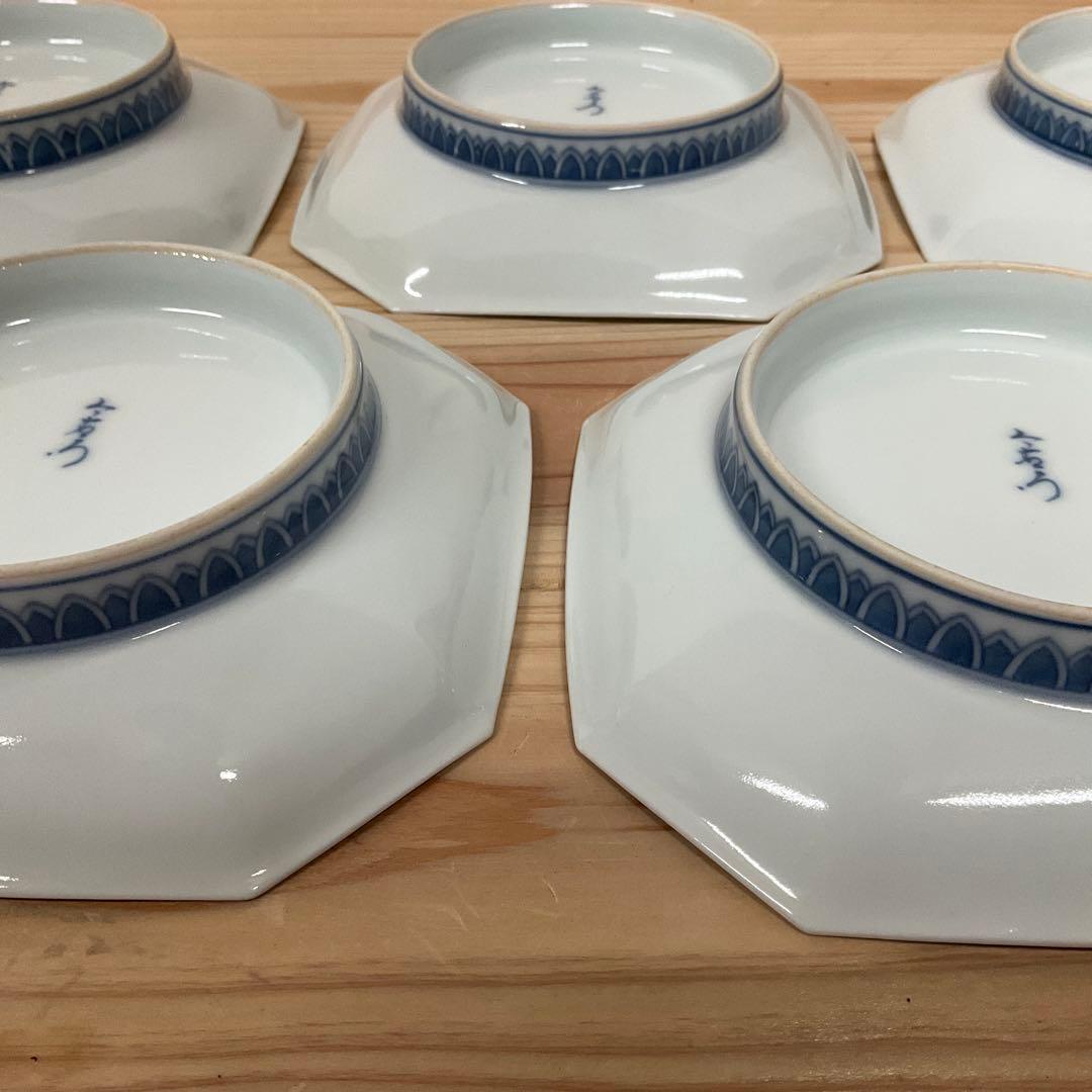 1４代今泉今右衛門　隅切染錦八角皿　5客揃え