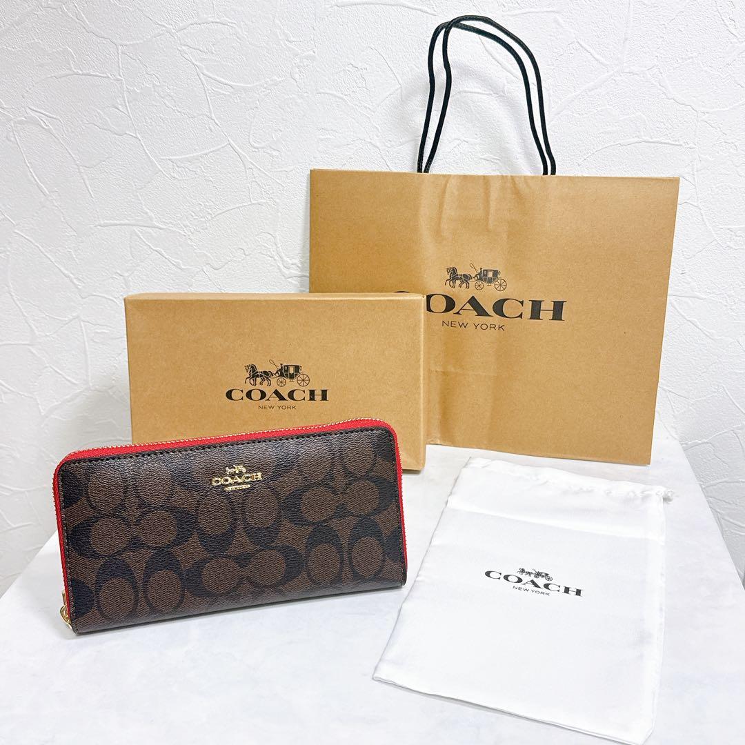 [COACH] コーチ 長財布(ラウンドファスナー)赤 ゴールド