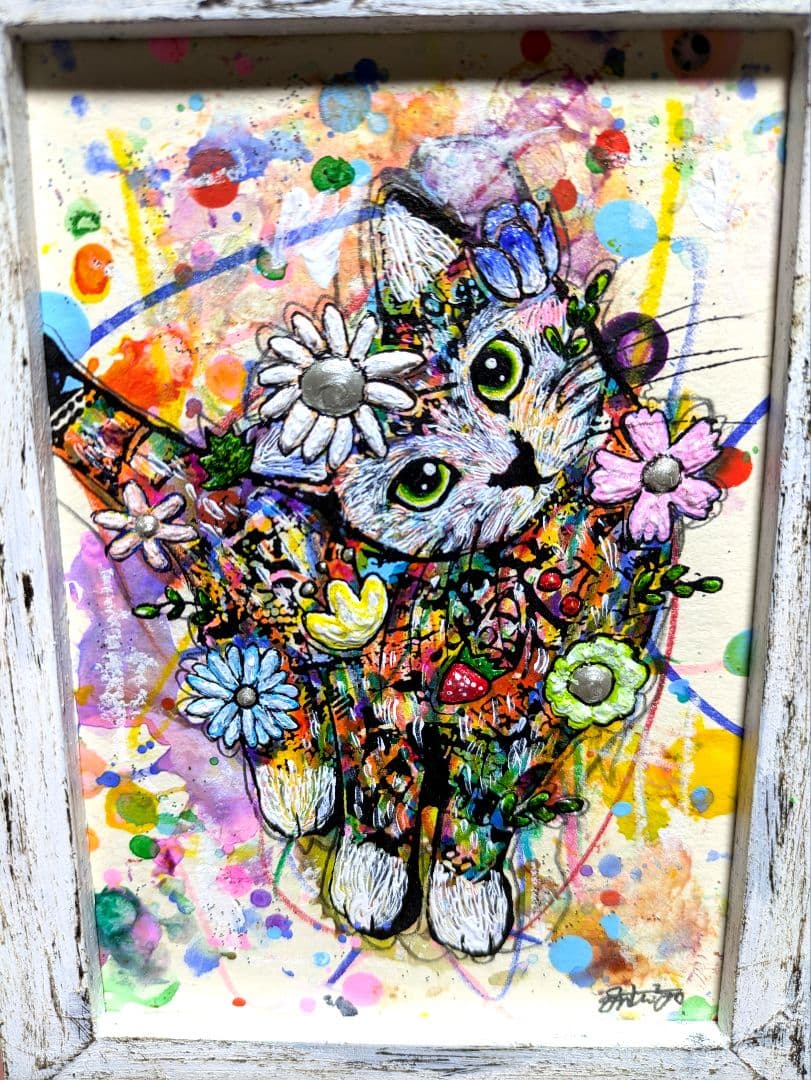 手作り額付き作品　title「はるうららニャンコ」