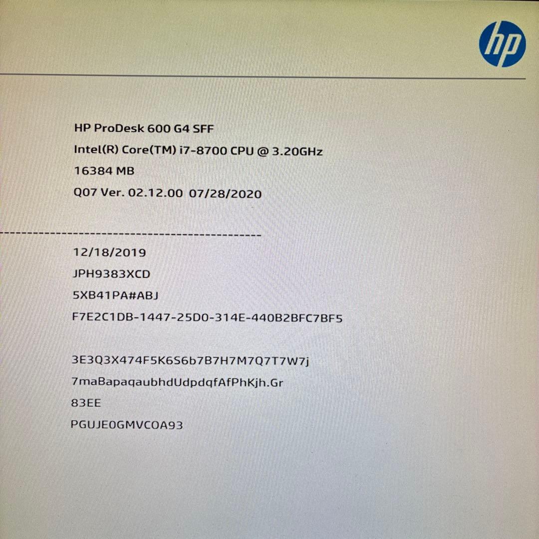8世代Core i7！HP ProDesk600G4！BIOS確認済ジャンク品