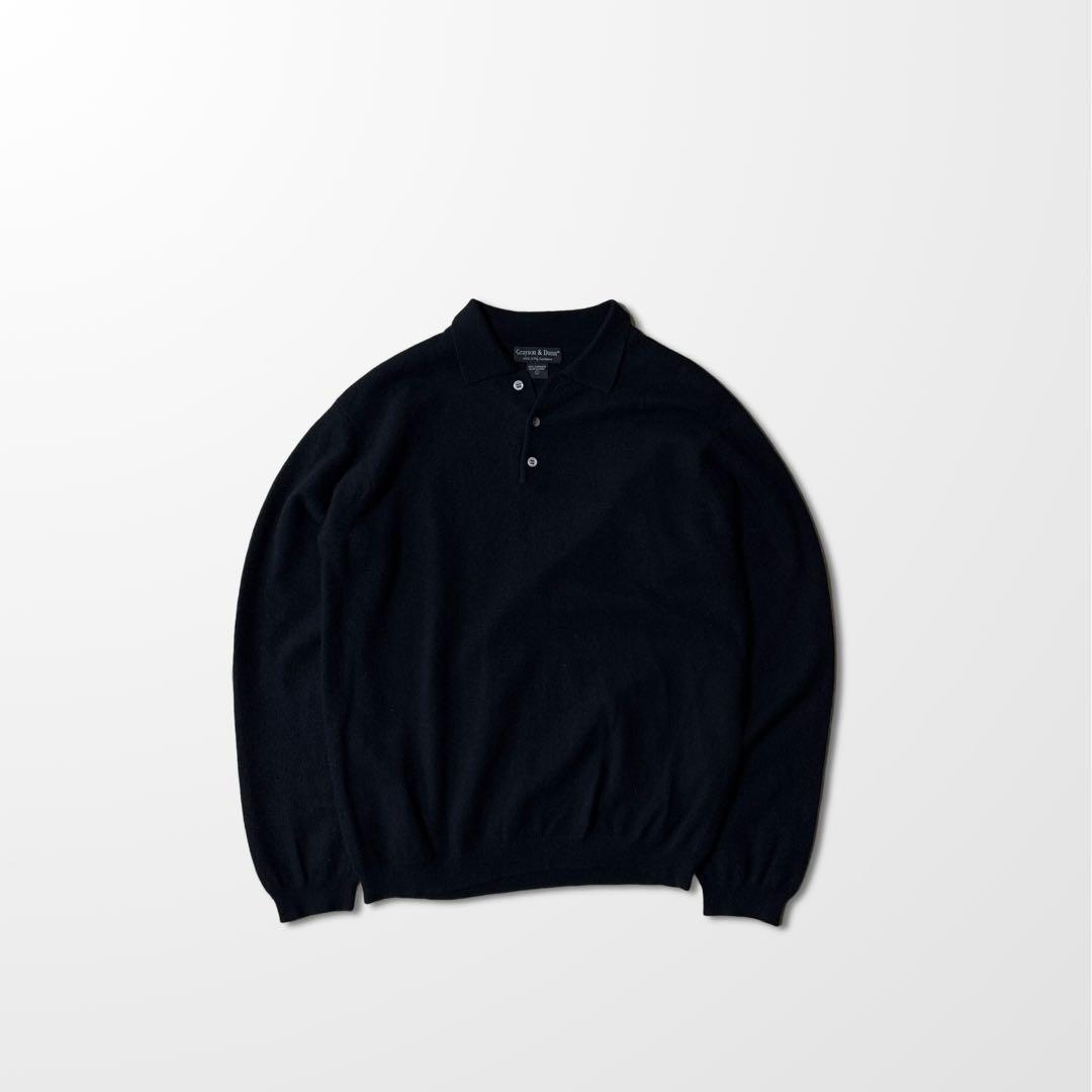 カシミヤ100% ニットポロ 黒　L ブラック　カラー　襟　古着　2ply