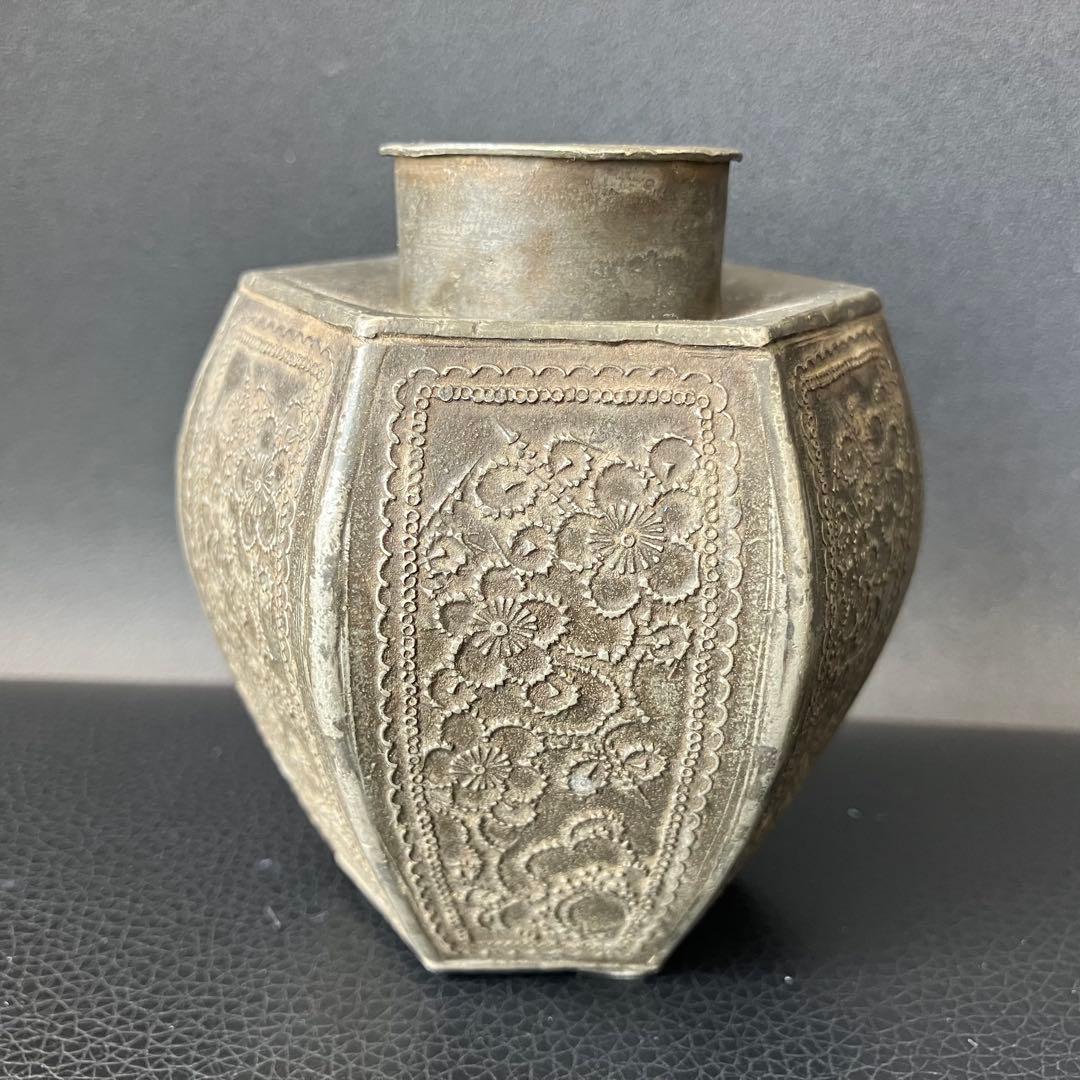 中国美術 茶道具 錫製 茶葉入れ 點銅 古錫製 六角大茶入茶壷
