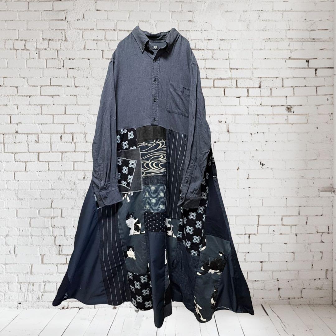 藍染×猫パッチワーク ロングワンピース 丈直し可　着物リメイク