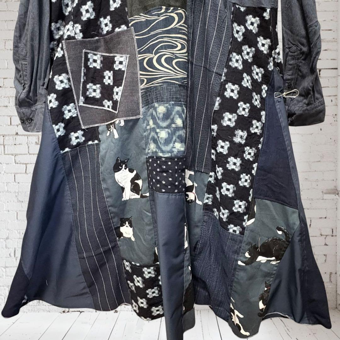 藍染×猫パッチワーク ロングワンピース 丈直し可　着物リメイク