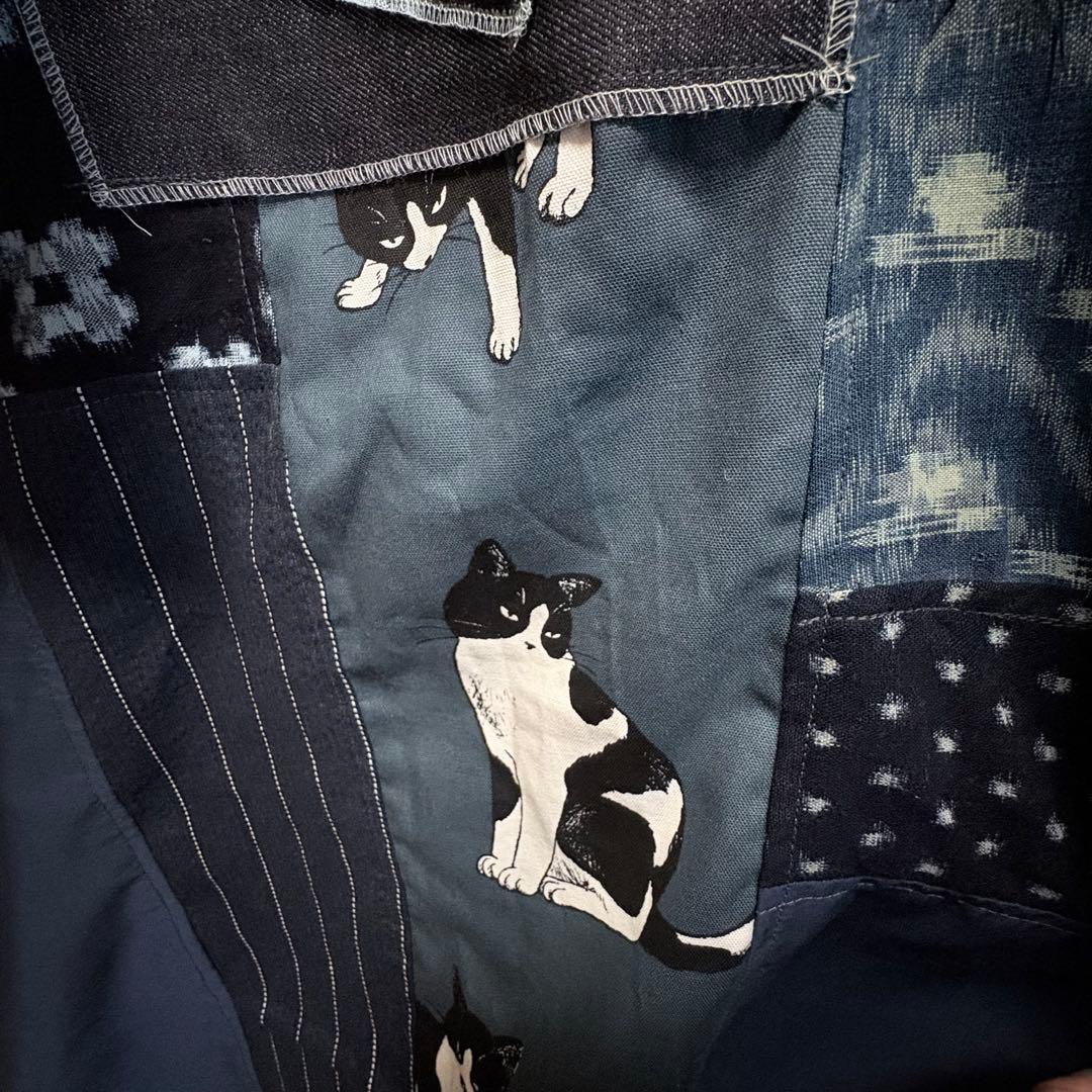 藍染×猫パッチワーク ロングワンピース 丈直し可　着物リメイク