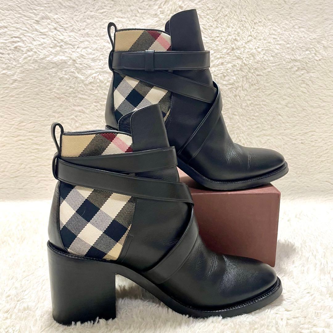 現行モデル BURBERRY バーバリー チェック＆レザー ヒールブーツ