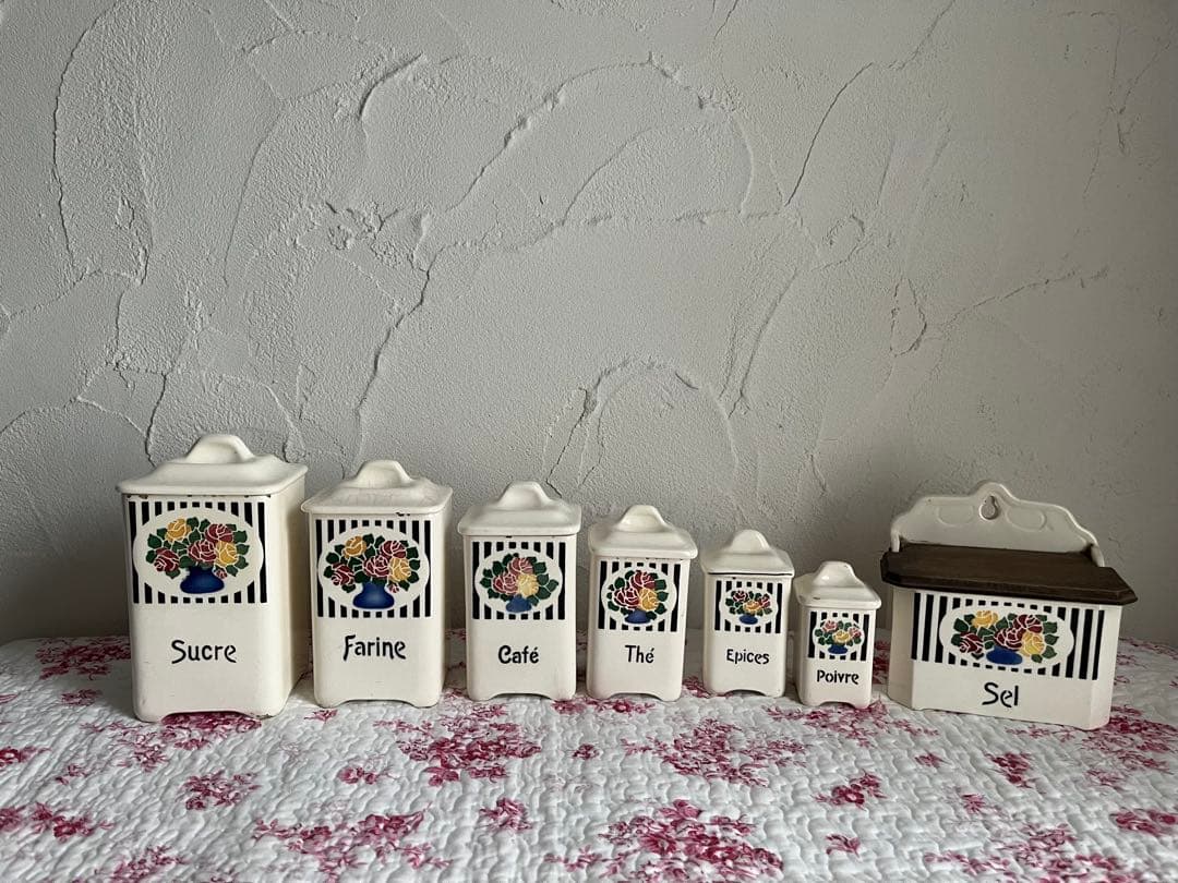 値下げフランスアンティークバラ柄の陶器のキャニスター6個セット& SELボックス