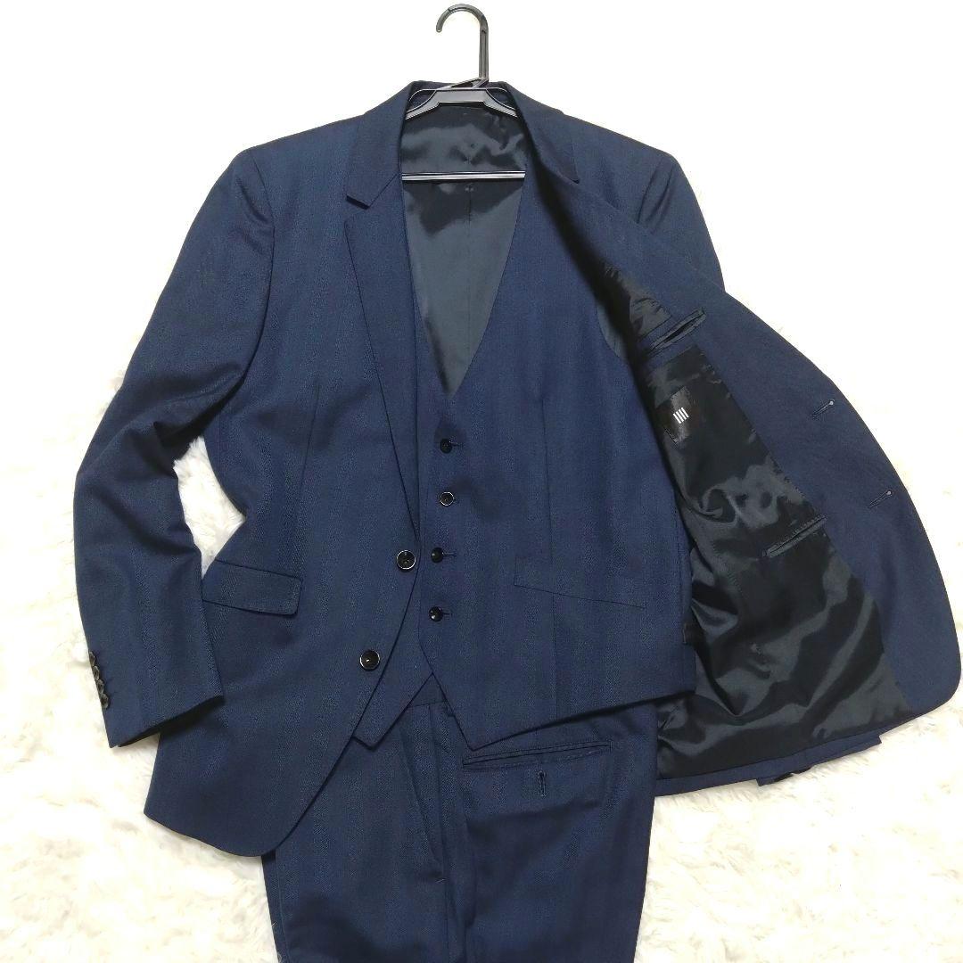 美品 スーツセレクト スリーピーススーツ セットアップ ネイビー L相当