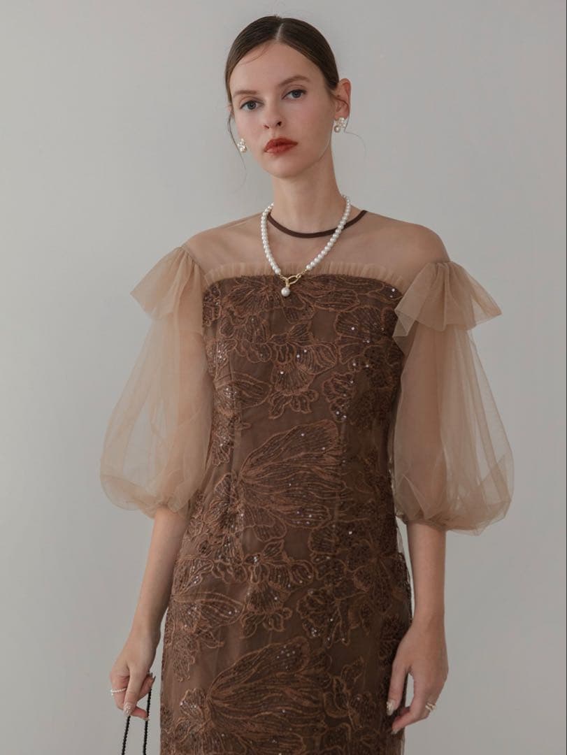 フラワースパンコールシアーフリルスリーブIラインワンピースドレス結婚式パーティー