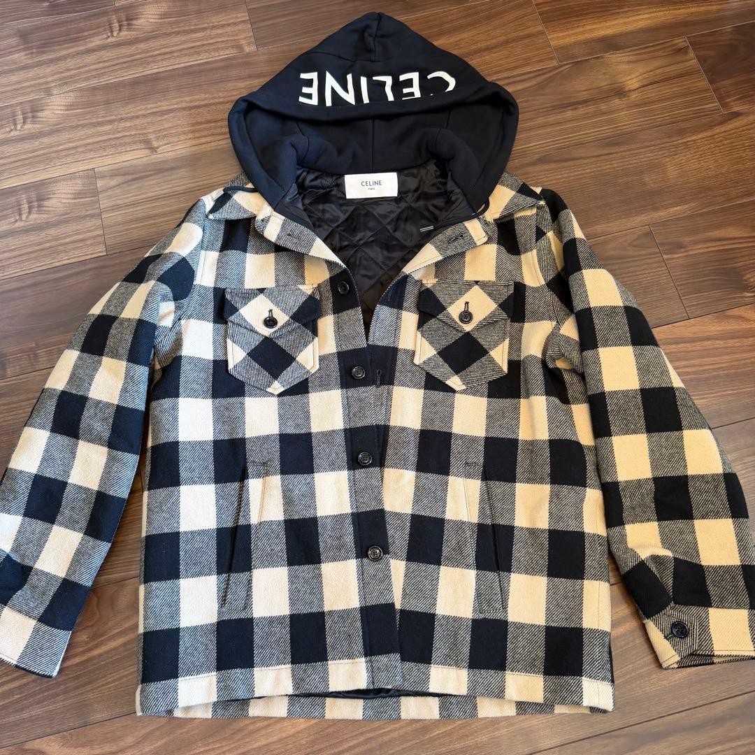 CELINE ウール ロゴフード付きチェックジャケット 2W68A055Z