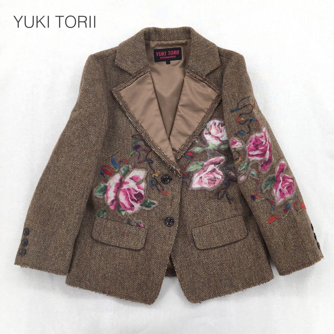 ユキトリイ テーラードジャケット【L】ウール ヘリンボーン 花柄刺繍 フェルト