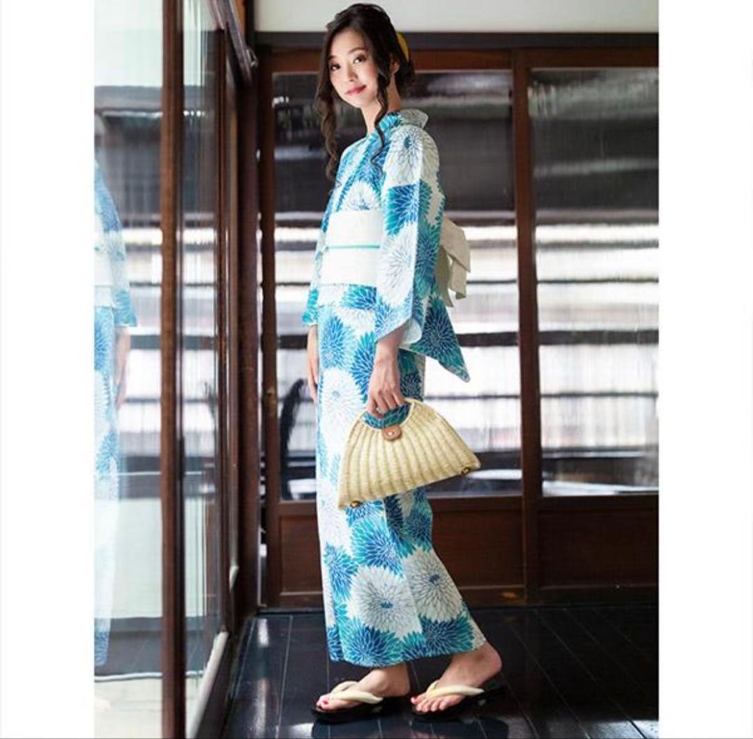 レディース 浴衣セット 浴衣3点セット（浴衣＋帯+下駄）ブルー丸菊　単衣帯