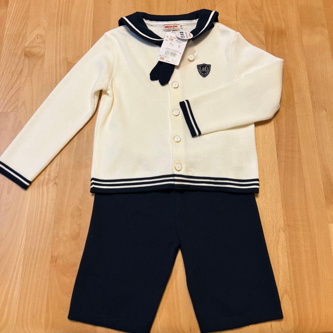 新品タグ付き　ミキハウス　定番の白×紺セーラーニットフォーマルセットアップ110