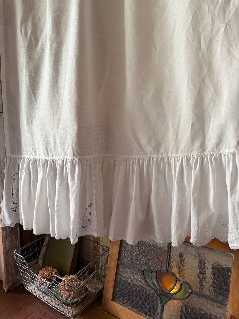 アンティーク刺繍レースのふりふりカーテンஐ⋆*ナチュラルリネン