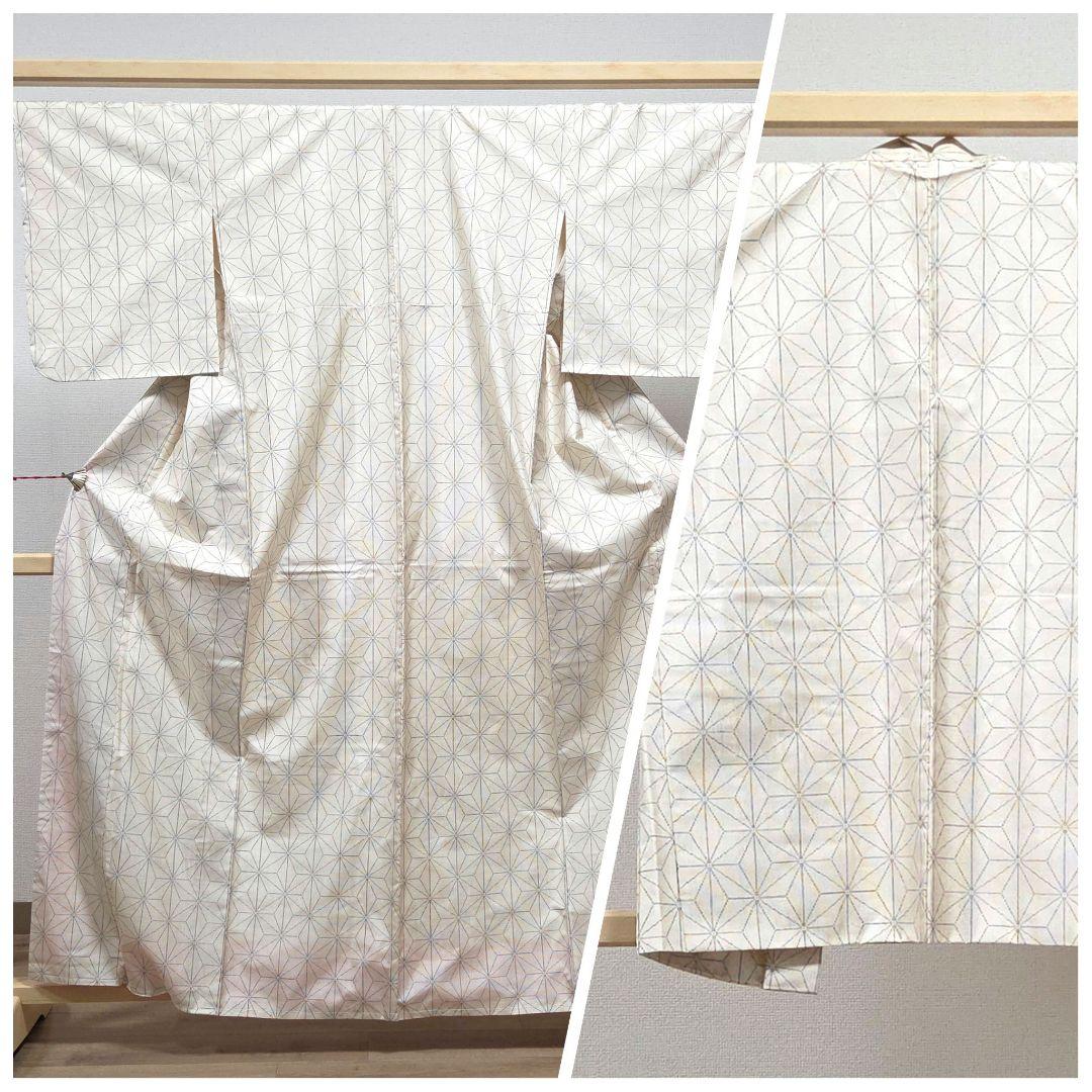 C◆着物くつろぎ 白大島紬 アンサンブル 着物羽織セット 麻の葉 袷 正絹 着物