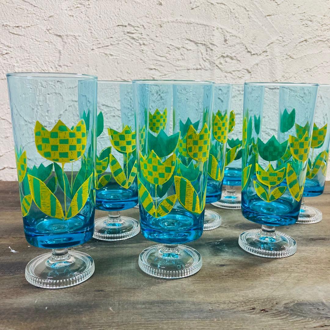 昭和レトロ 激レア アデリア脚付グラス 8脚 花柄 ADERIA ビンテージ