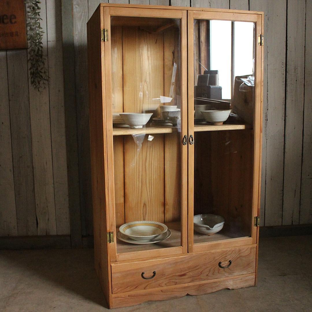 古い木枠のガラス戸棚×木製引き出し　食器棚　水屋　キャビネット　古家具　古民家