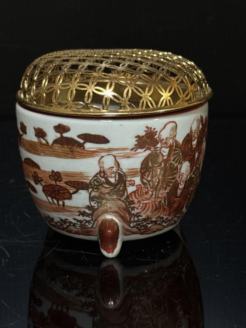 時代 湖東焼 金蘭赤絵 十六人坊主図 香炉