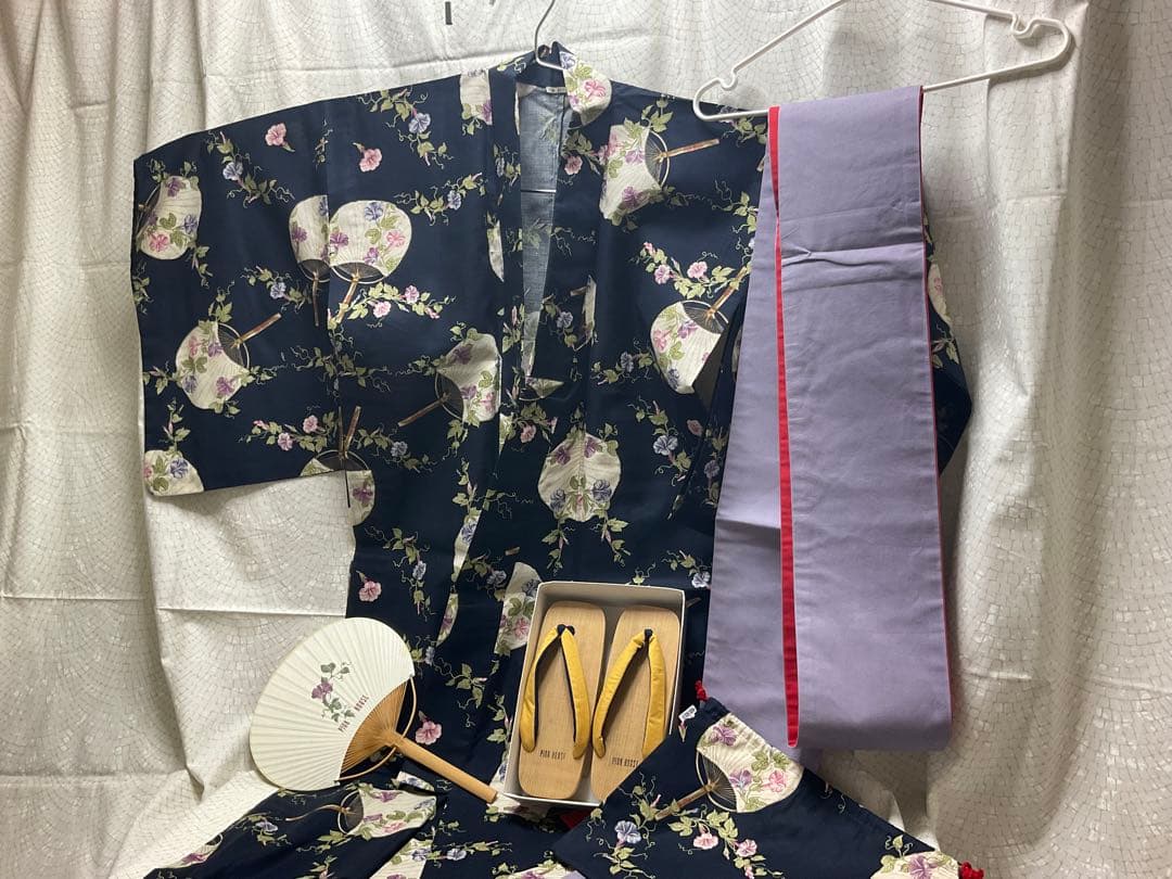 【ピンクハウス】 PINK HOUSE 浴衣 ハンガー 巾着 帯 朝顔うちわ柄