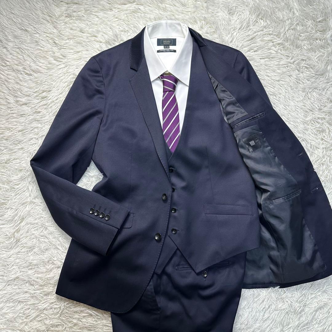 極美品 スーツセレクト 3ピース シルク混 光沢 リバーシブルジレネイビー A6