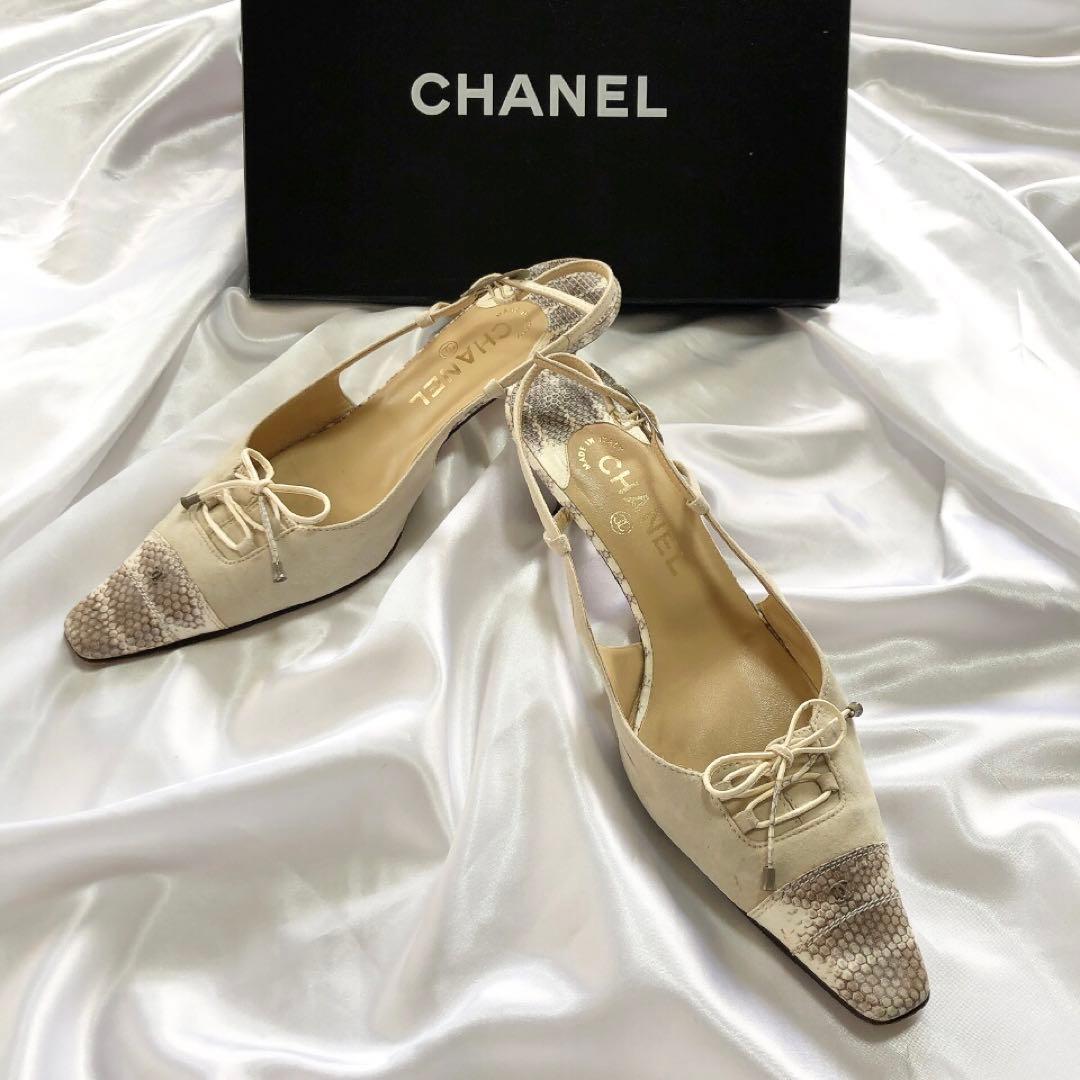 CHANEL シャネル　ミュール　パイソン　リボン　ヒール　ココマーク