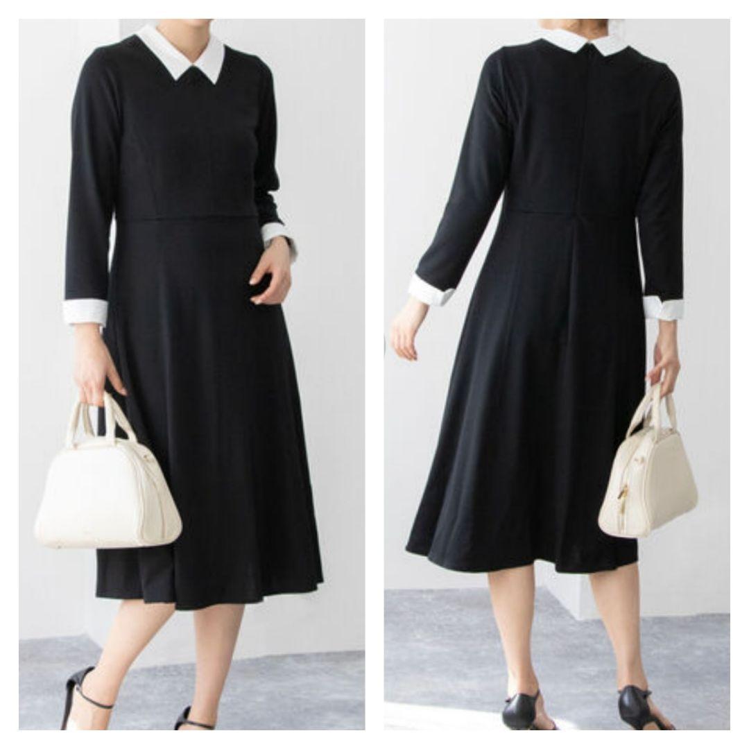 美品　ノーリーズ　38 白襟ロングワンピース　Aライン ストレッチ　黒