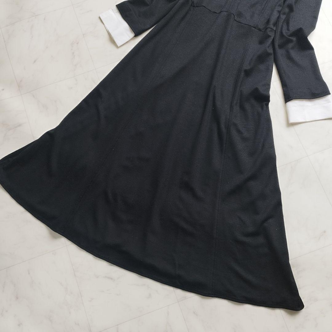 美品　ノーリーズ　38 白襟ロングワンピース　Aライン ストレッチ　黒