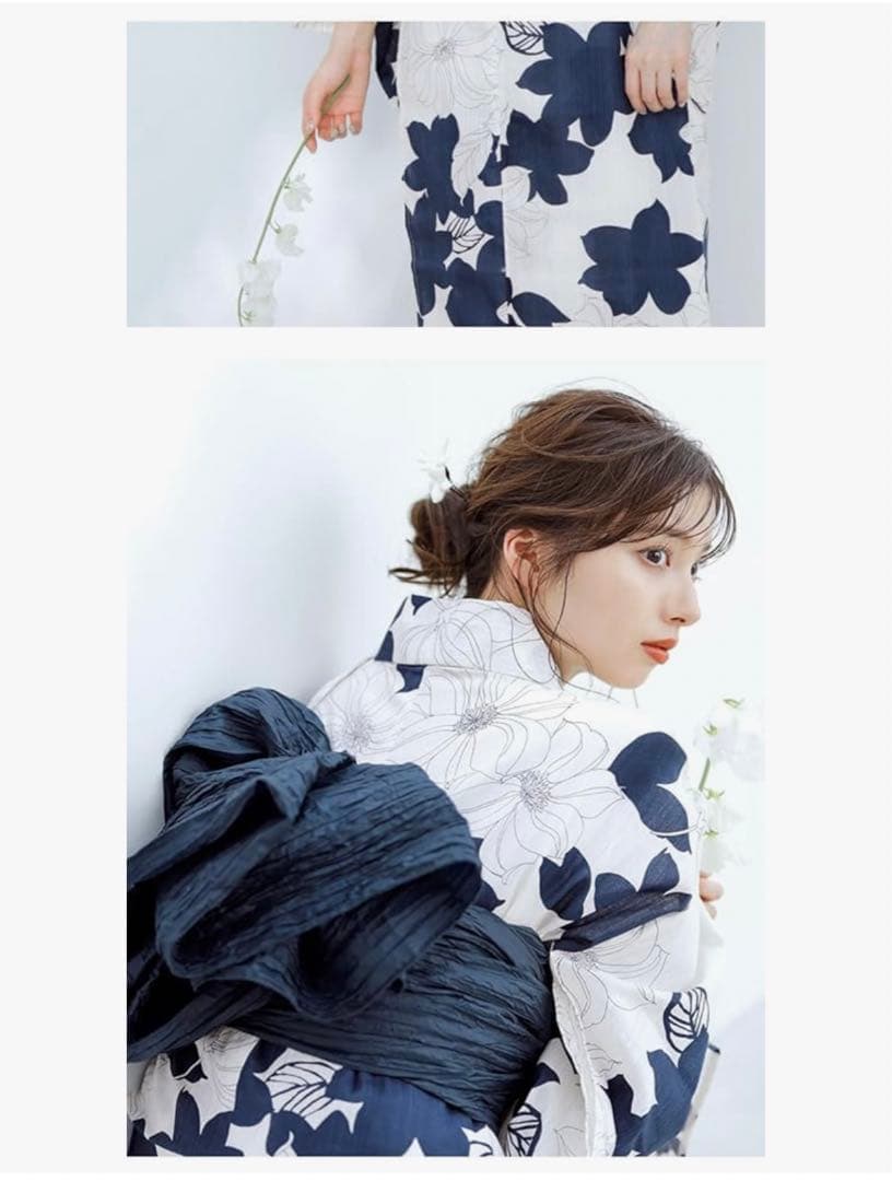 レディース 浴衣 セット 簡単 兵児帯 花 紺 白 ネイビー 和風 5点セット