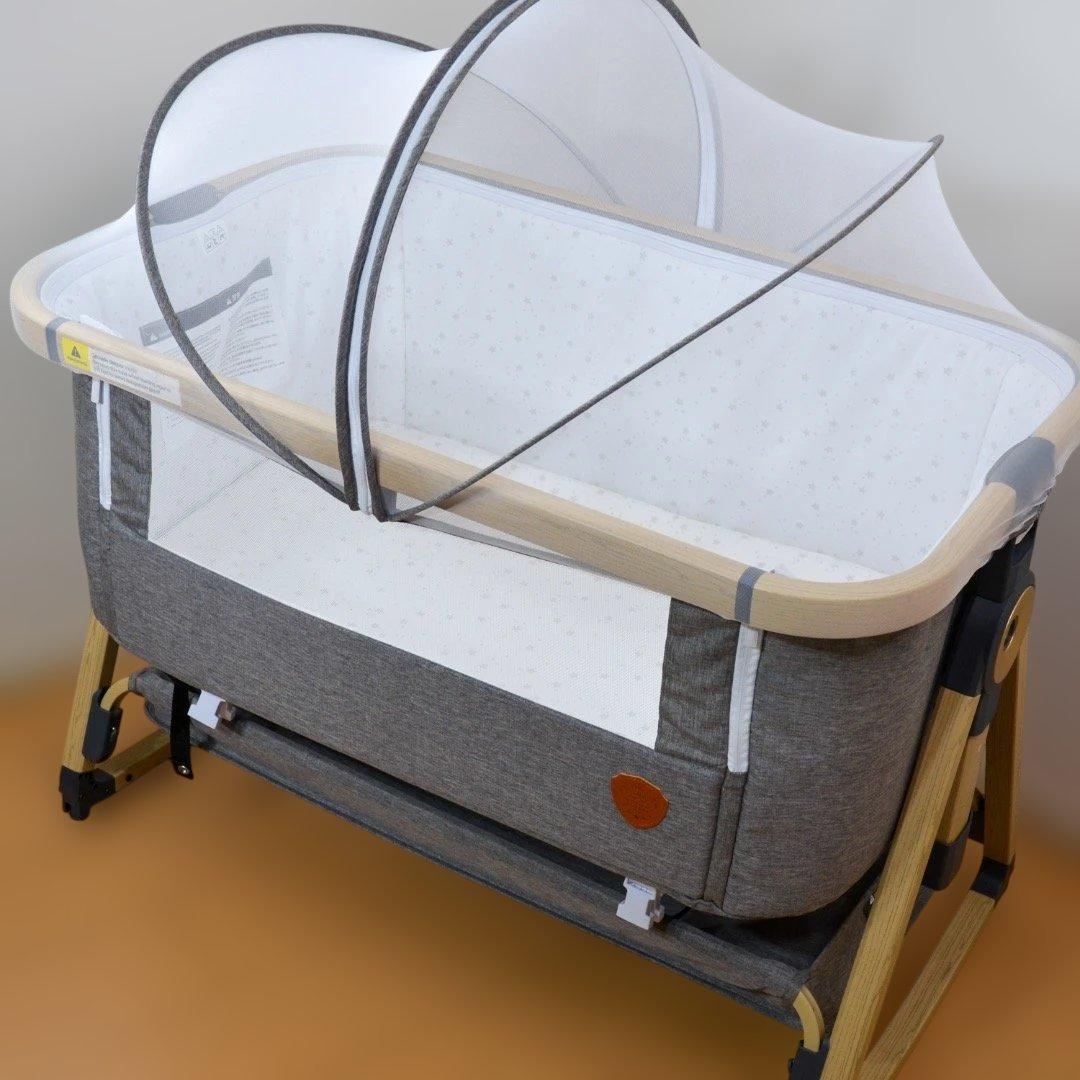 【美品】HZDMJベビーベッド添い寝折りたたみ ハイローベッドグレー