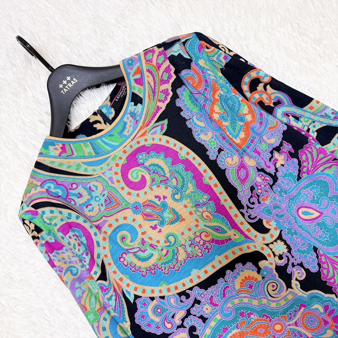 レオナール　カットソー　大きいサイズLL ペイズリー　トリム　ブラック　シルク混