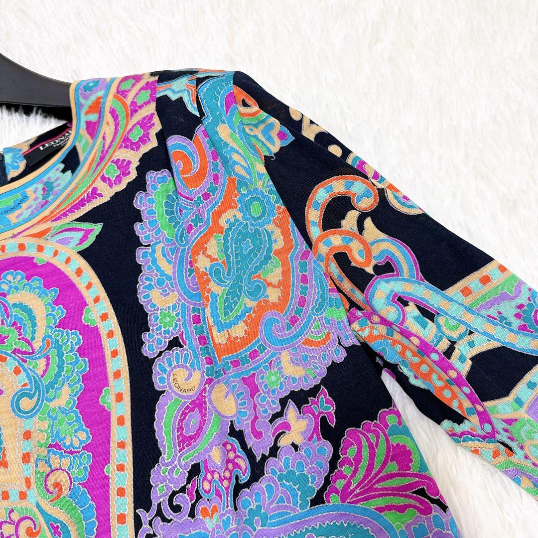 レオナール　カットソー　大きいサイズLL ペイズリー　トリム　ブラック　シルク混