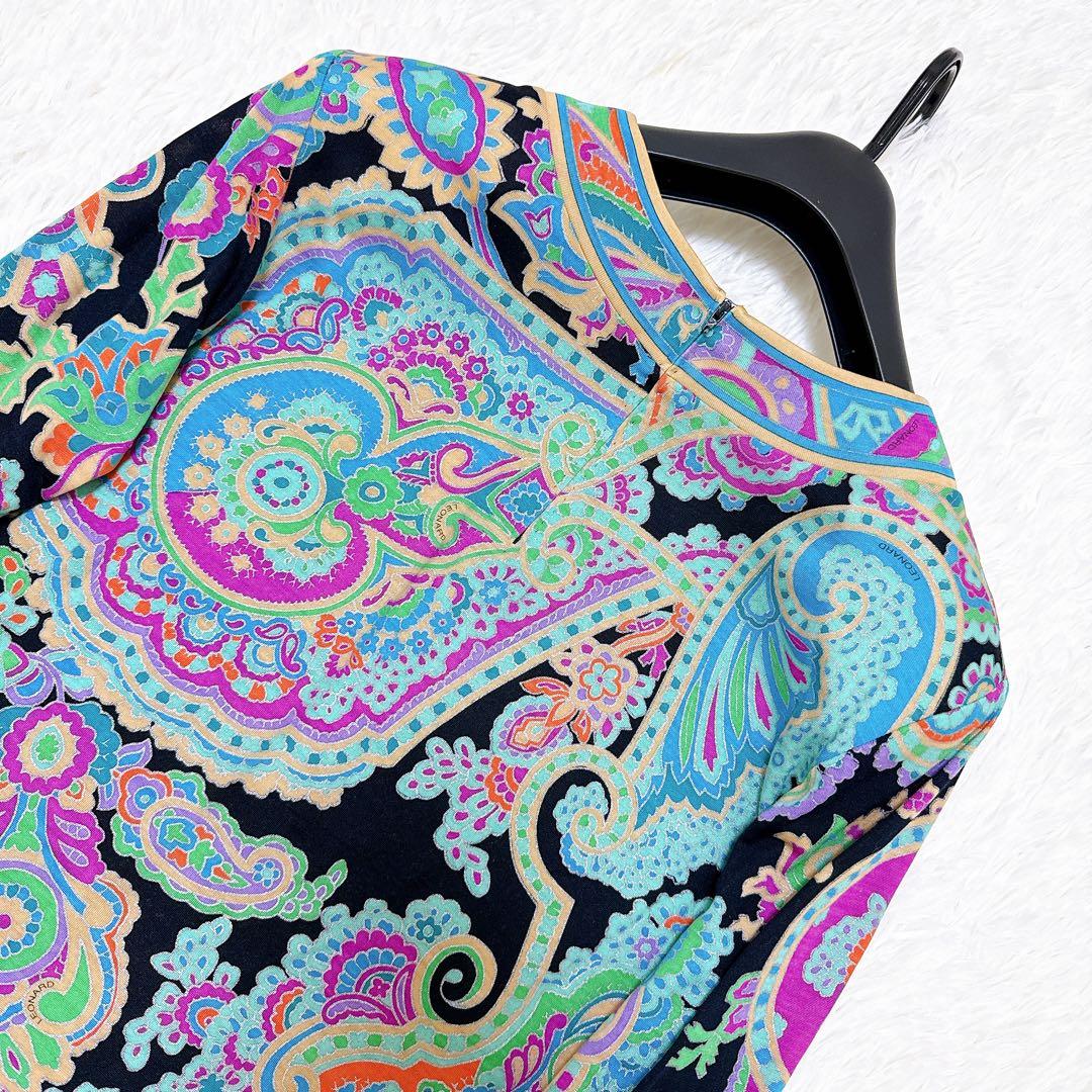 レオナール　カットソー　大きいサイズLL ペイズリー　トリム　ブラック　シルク混